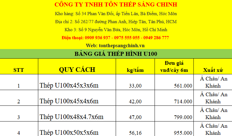 Bảng giá thép u100