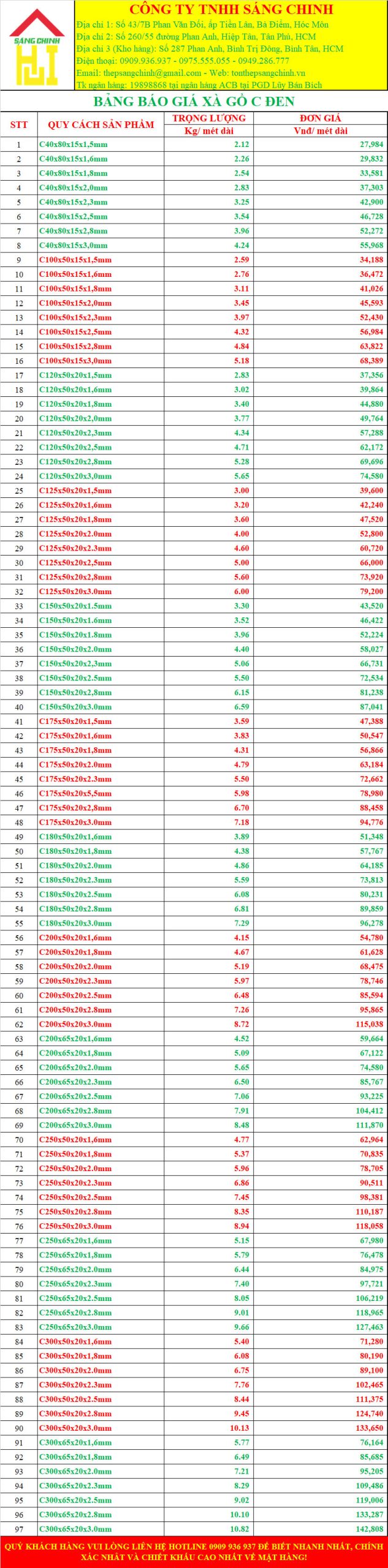 Bảng báo giá xà gồ c đen