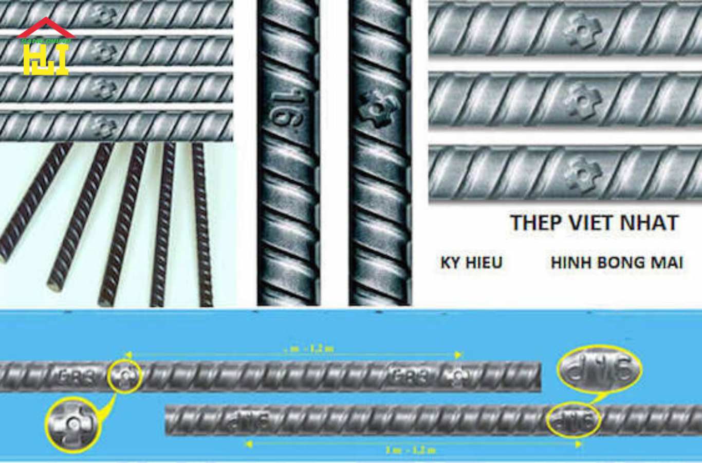 Thép Việt Nhật có ký hiệu dễ nhận diện với biểu tượng bông mai đặc trưng được dập nổi rõ ràng trên thân thanh thép.