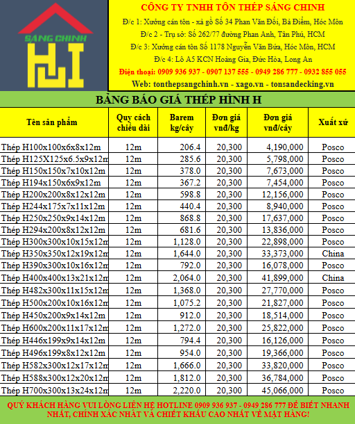 Bảng giá thép hình chữ H