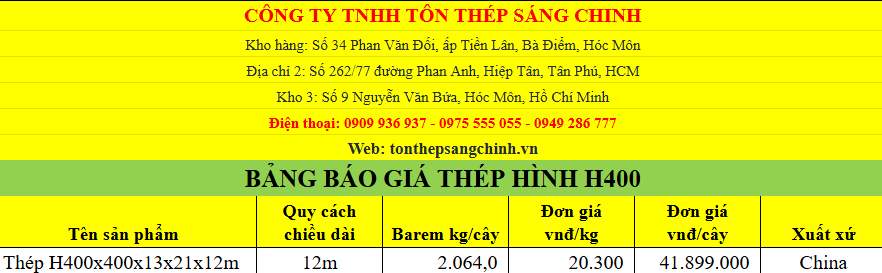 Bảng giá thép hình h400