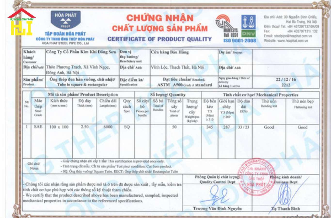 Mẫu giấy chứng nhận CO/CQ của các hãng thép lớn